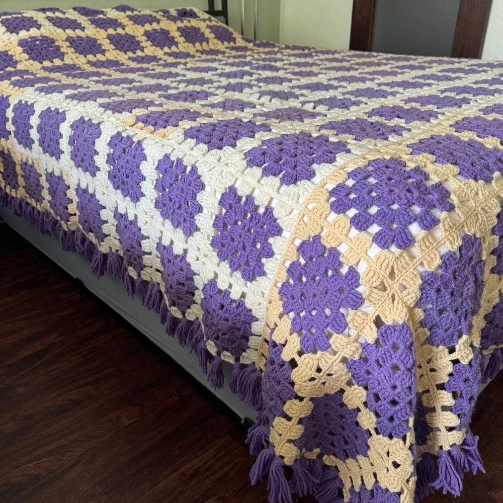 Vintage Handmade Crochet Granny Square Blanket Purple Cream Tassel Fringe King